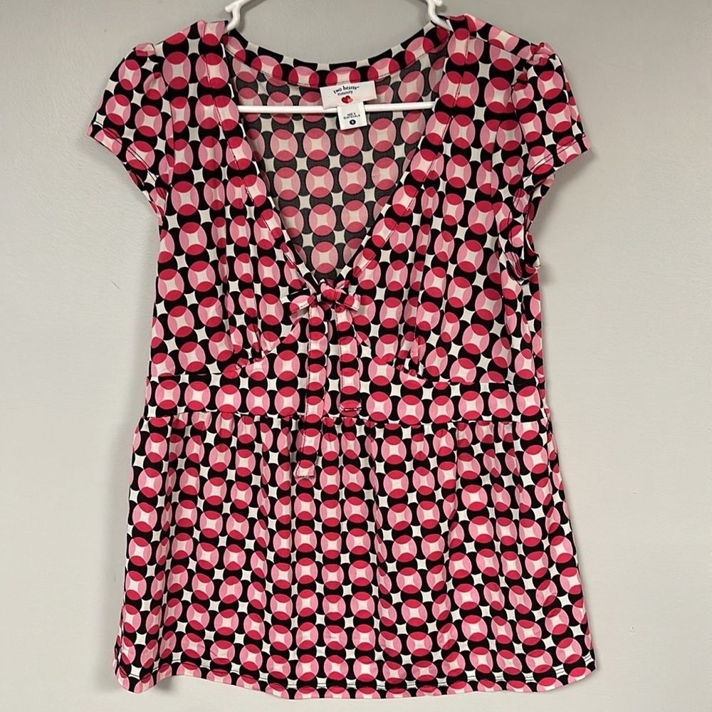 Two Hearts Maternity Pink  Geometric  Babydoll Empire Waist Tie Front Top, S